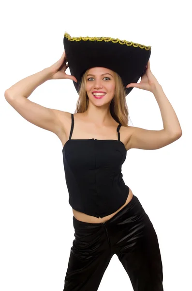 Frau trägt Sombrero auf dem weißen — Stockfoto