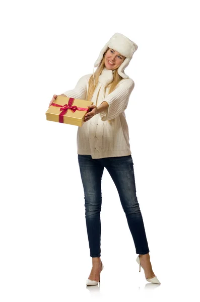 Женщина с коробками подарков изолированы на белом — стоковое фото