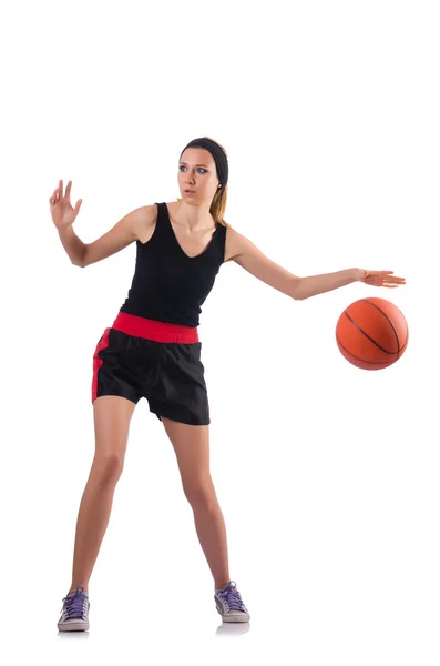 Wanita bermain basket terisolasi di atas putih — Stok Foto