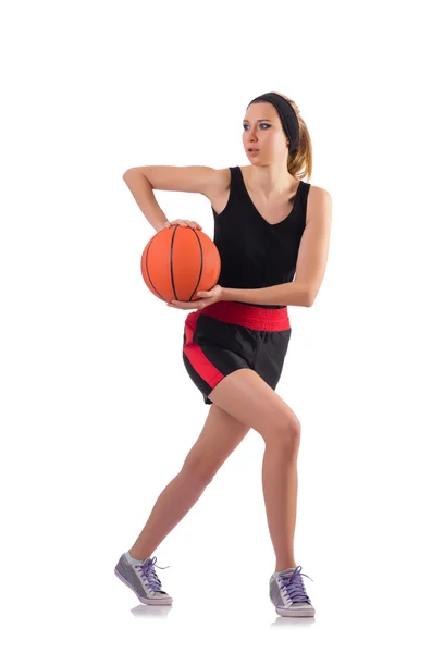 Mulher jogando basquete isolado no branco — Fotografia de Stock