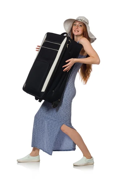 Жінка з валізою ізольована на білому — стокове фото