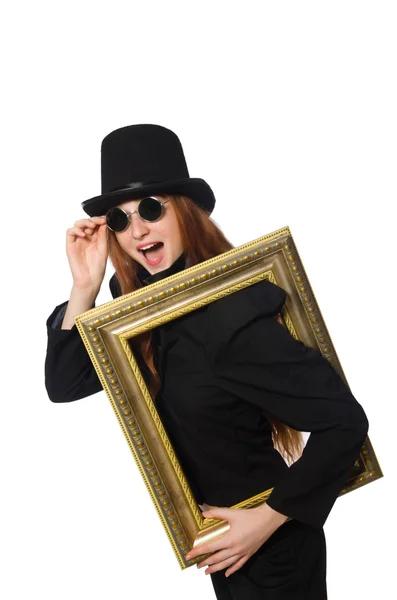 Žena s obrázkovým rámem izolovaná na bílém — Stock fotografie
