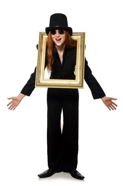 Mulher com quadro de imagem isolado no branco — Fotografia de Stock