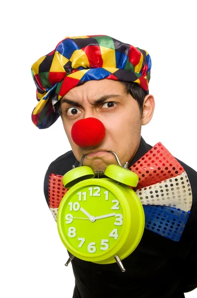 Drôle de clown avec horloge isolé sur blanc — Photo