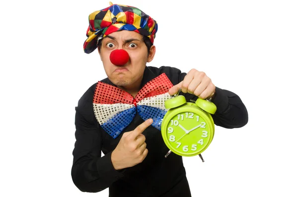 Grappige clown met klok dat geïsoleerd op wit — Stockfoto