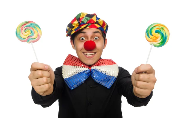 Rolig clown med lollipop isolerad på vit — Stockfoto