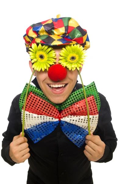 Rolig clown med blommor isolerad på vit — Stockfoto