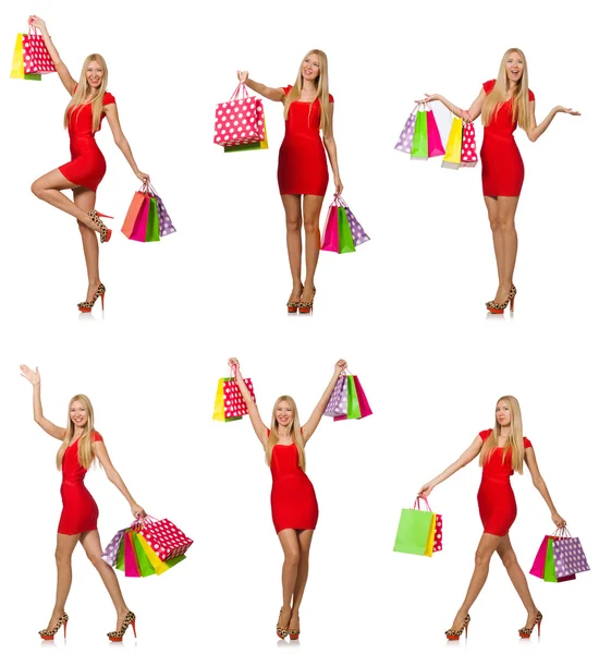 Woman with shopping bags isolated on white — Stock Photo, Image