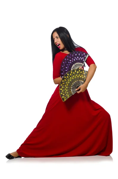 ファン白で隔離を赤いドレスの女性 — ストック写真