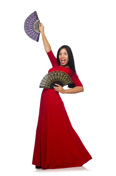 Femme en robe rouge avec ventilateur isolé sur blanc — Photo