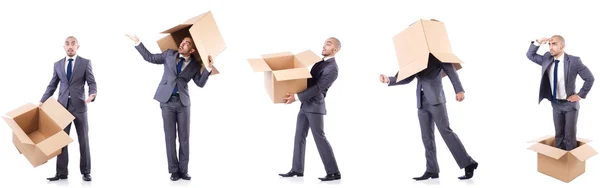 Collage of photos with man and boxes — Stock Photo, Image