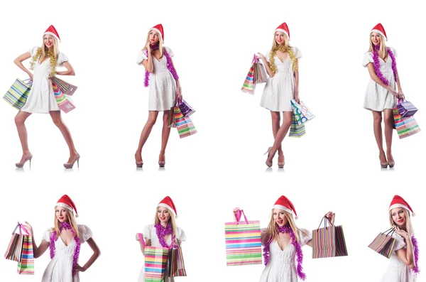 Donna con shopping bags isolata su bianco — Foto Stock