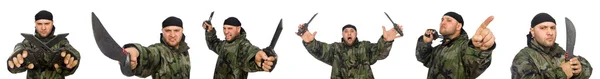 Junger Mann in Soldatenuniform mit Messer in der Hand — Stockfoto