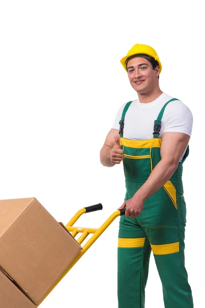 Hombre moviendo cajas aisladas sobre el fondo blanco —  Fotos de Stock