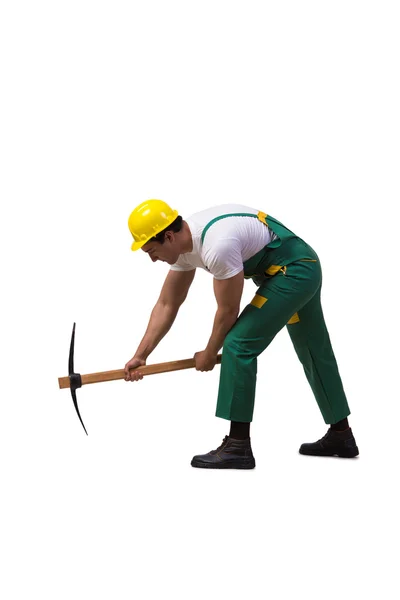 Hombre en mono verde con hacha aislada en blanco — Foto de Stock