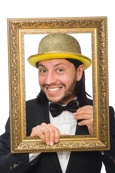 Hombre con sombrero dorado aislado en blanco —  Fotos de Stock