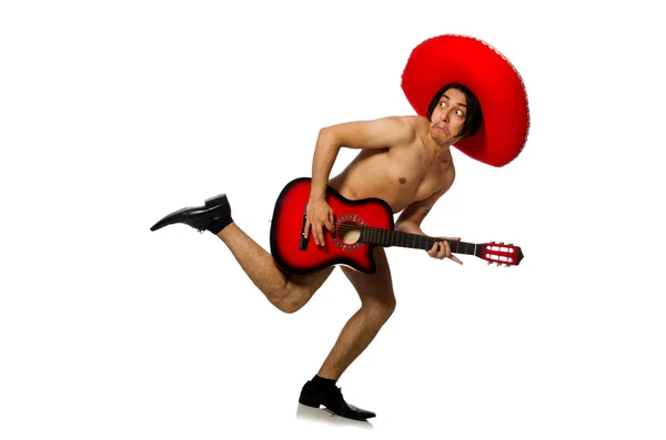 Nude man with sombrero playing guitar on white — Stock Photo, Image