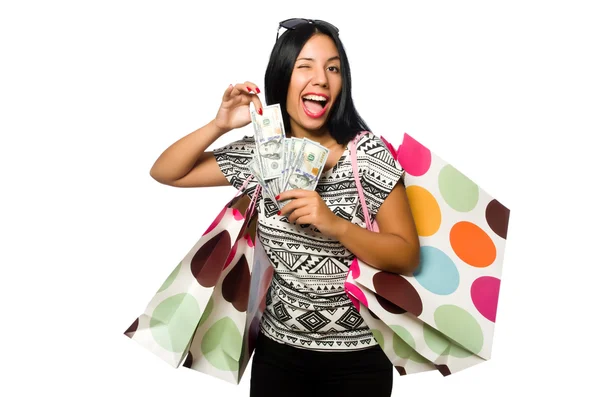 Donna con shopping bags isolata su bianco — Foto Stock