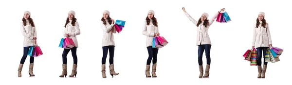 Mulher em roupas de inverno fazendo compras de Natal — Fotografia de Stock