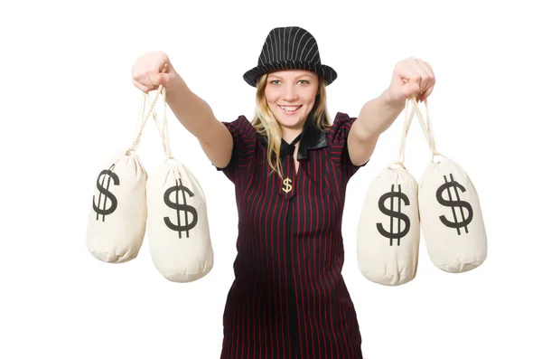 Woman with money sacks on white — Stock Photo, Image