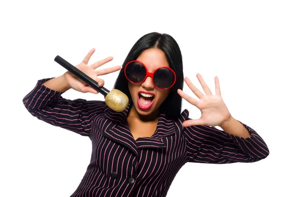 Woman singing in karaoke club isolated on whie — Stock Photo, Image