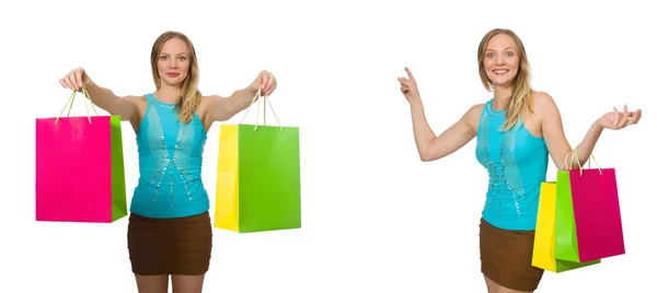 Donna con shopping bags isolata su bianco — Foto Stock