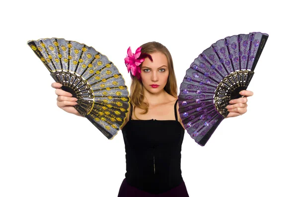 Woman with fan dancing dances isolated on white — Stock Photo, Image