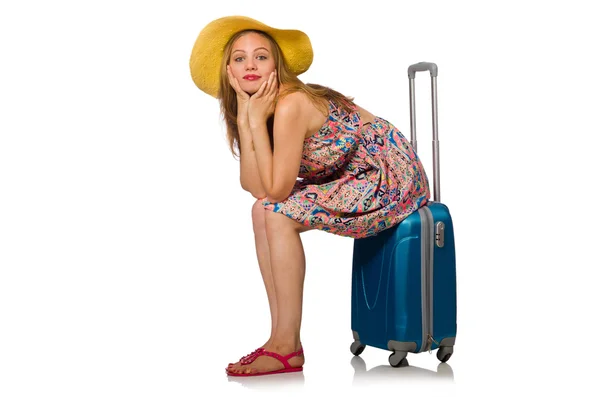 Kobieta z walizką na białym tle — Zdjęcie stockowe