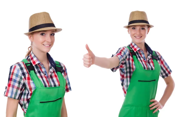 Colagem de mulher vestindo macacões verdes isolados em branco — Fotografia de Stock