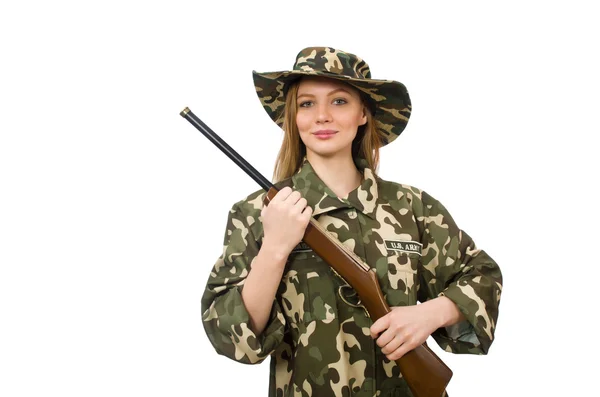 Meisje in militair uniform houdt het pistool geïsoleerd op wit — Stockfoto