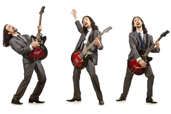 Funny guitar player isolated on white — Stock Photo, Image