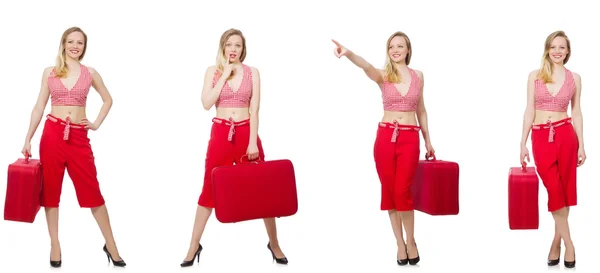 Travelling woman with suitcase isolated on white — Stock Photo, Image