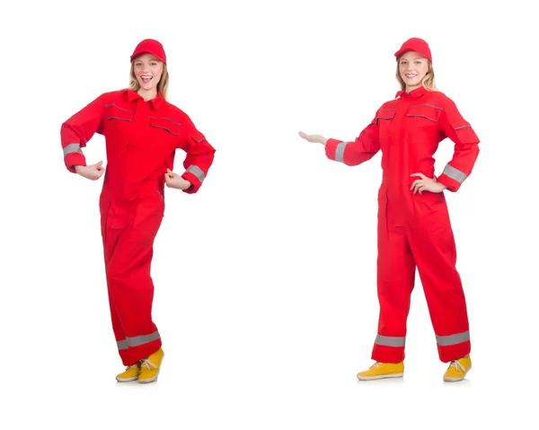 Woman in red overalls isolated on white — Stock Photo, Image