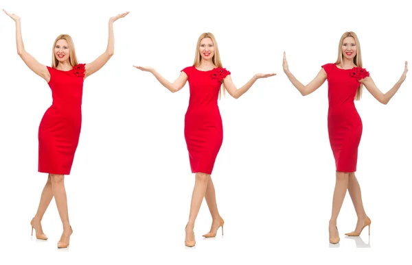 Жінка в червоній сукні ізольована на білому — стокове фото