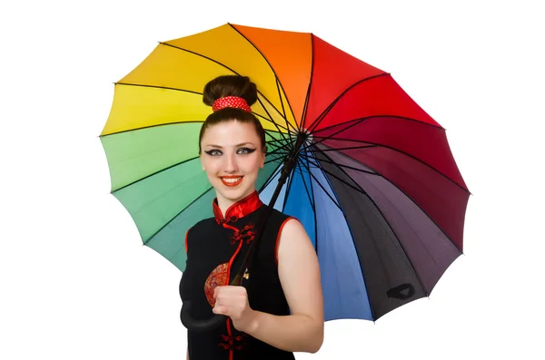 Femme avec parapluie coloré isolé sur blanc — Photo