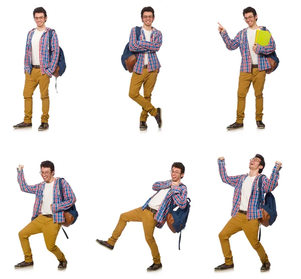 Collage of student with backpack on white — Stock Photo, Image