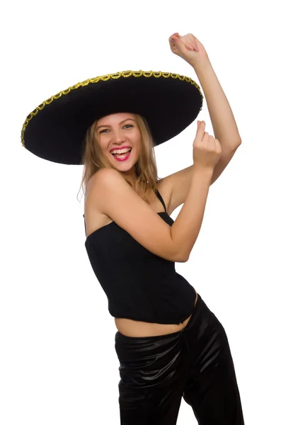 Vrouw draagt sombrero op de witte — Stockfoto