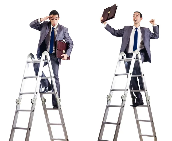 Zakenman klimmend op de ladder geïsoleerd op wit — Stockfoto