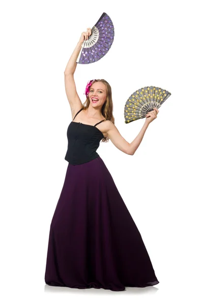 Woman with fan dancing dances isolated on white — Stock Photo, Image