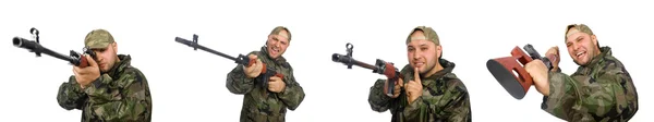 Солдат зі снайперською гвинтівкою ізольовано на білому — стокове фото