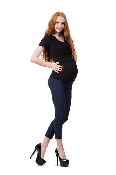 Młoda kobieta w ciąży odizolowana na białym — Zdjęcie stockowe