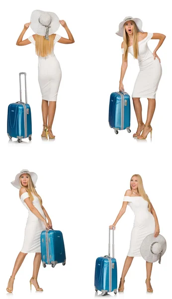 Ταξιδεύοντας γυναίκα με βαλίτσα απομονωμένη σε λευκό — Φωτογραφία Αρχείου