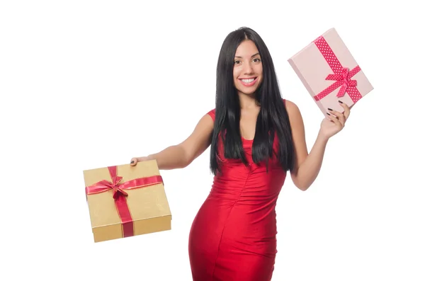Woman with giftboxes isolated on white — Stock Photo, Image