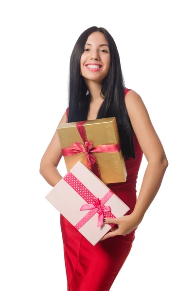 Woman with giftboxes isolated on white — Stock Photo, Image