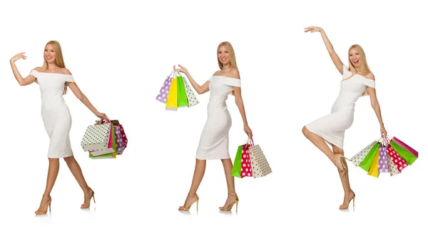 有购物袋被白色隔离的女人 — 图库照片