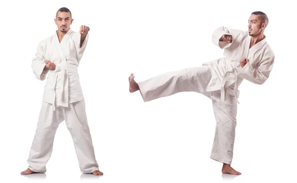 Collage av karate spelare i kimono isolerad på vit — Stockfoto