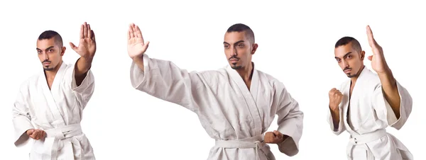 Kimonolu karateci kolajı beyaza izole edildi — Stok fotoğraf