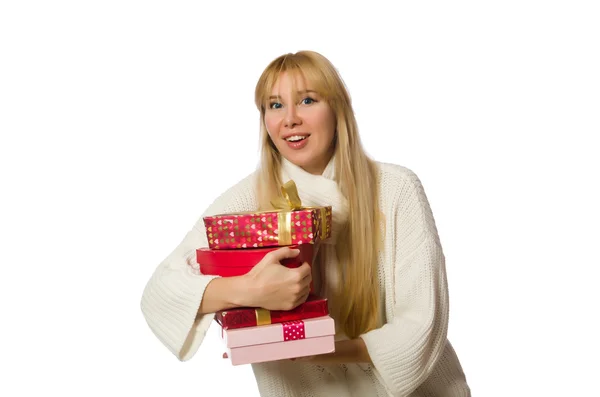 Kobieta z pudełkami na prezenty izolowane na białym — Zdjęcie stockowe