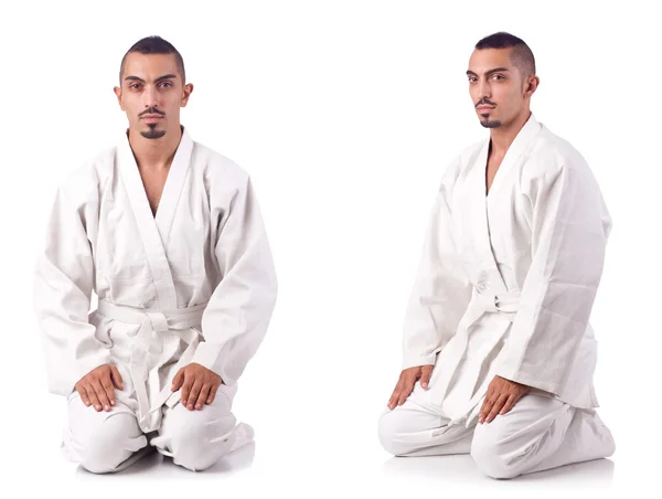 Kolaż karate player w kimono izolowane na białym — Zdjęcie stockowe