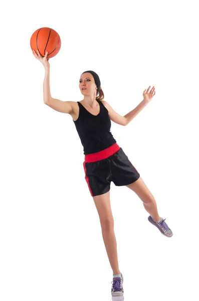 Mulher jogando basquete isolado no branco — Fotografia de Stock